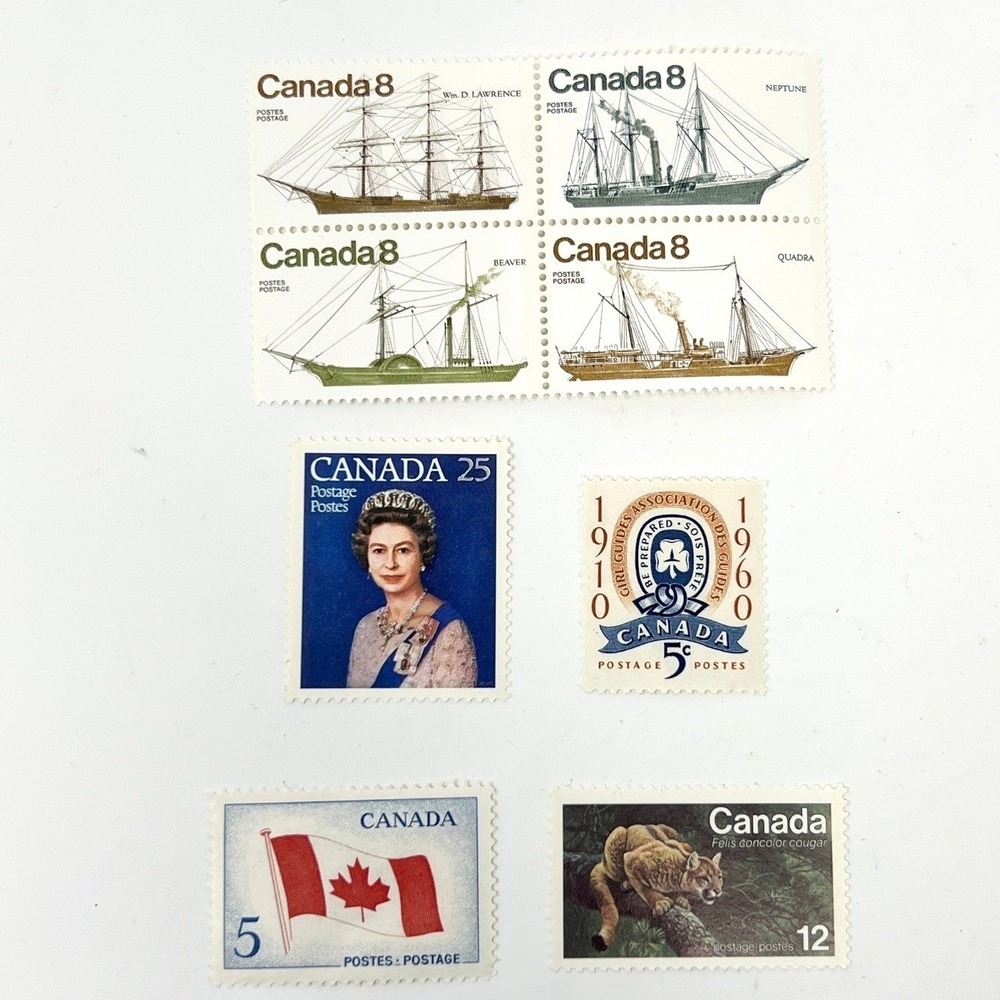 Vintage Canada Postage Stamp Lot Queen Elizabeth II Ships Wildlife Girl Guides